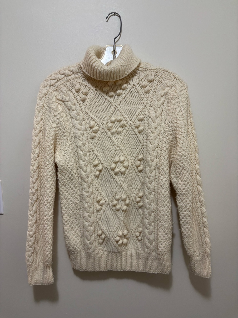 Vintage Handknit Aran Wool Turtleneck Sweater with Diamond Cable & Bobble Stitch